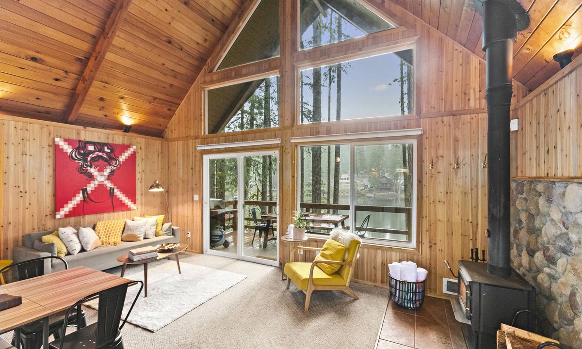 Mason County Cabin | Lakefront A-Frame Cabin with King Beds, Boat, Hot Tub