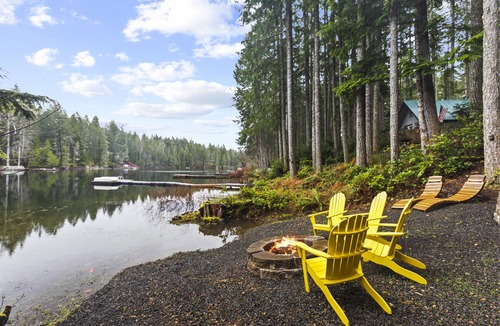 Mason County Cabin | Lakefront A-Frame Cabin with King Beds, Boat, Hot Tub