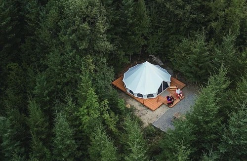 Carson RV Rental | Spacious Bell Tent with Private Deck & Forest Access near Carson, Washington