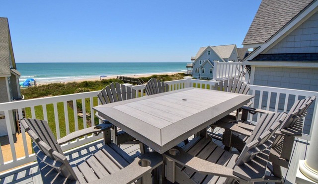 Experience luxury at Footprints: a spacious 6-bedroom oceanfront home in North Topsail Beach.