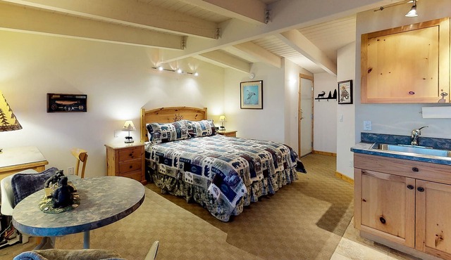 Lakefront studio with bay views, AC, balcony, dock for swimming & kayaking in Bigfork