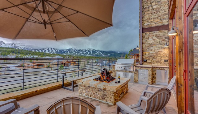 Panorama of entire Breck Resort, steps from free shuttle, unbeatable patio and amenities!